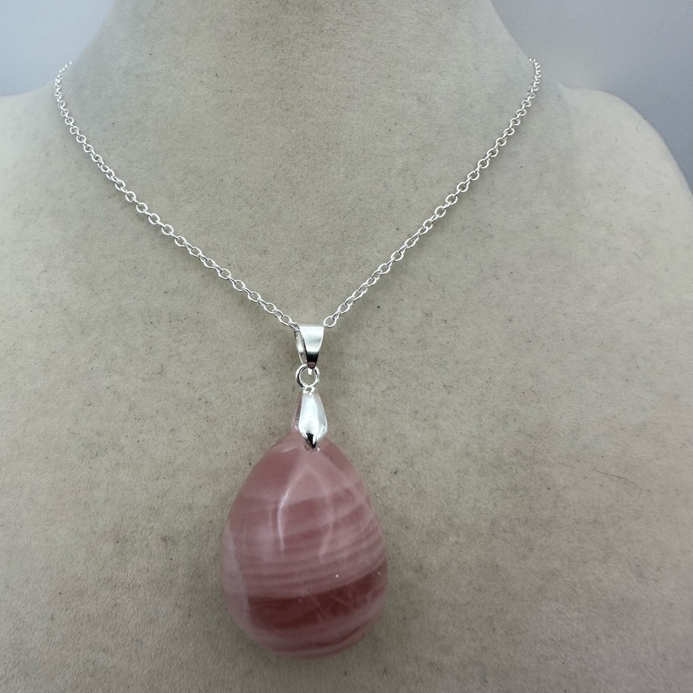 Madagascar Rose Quartz Teardrop Pendant Necklace on Silver Plated Box Chain - Picture 7 of 11